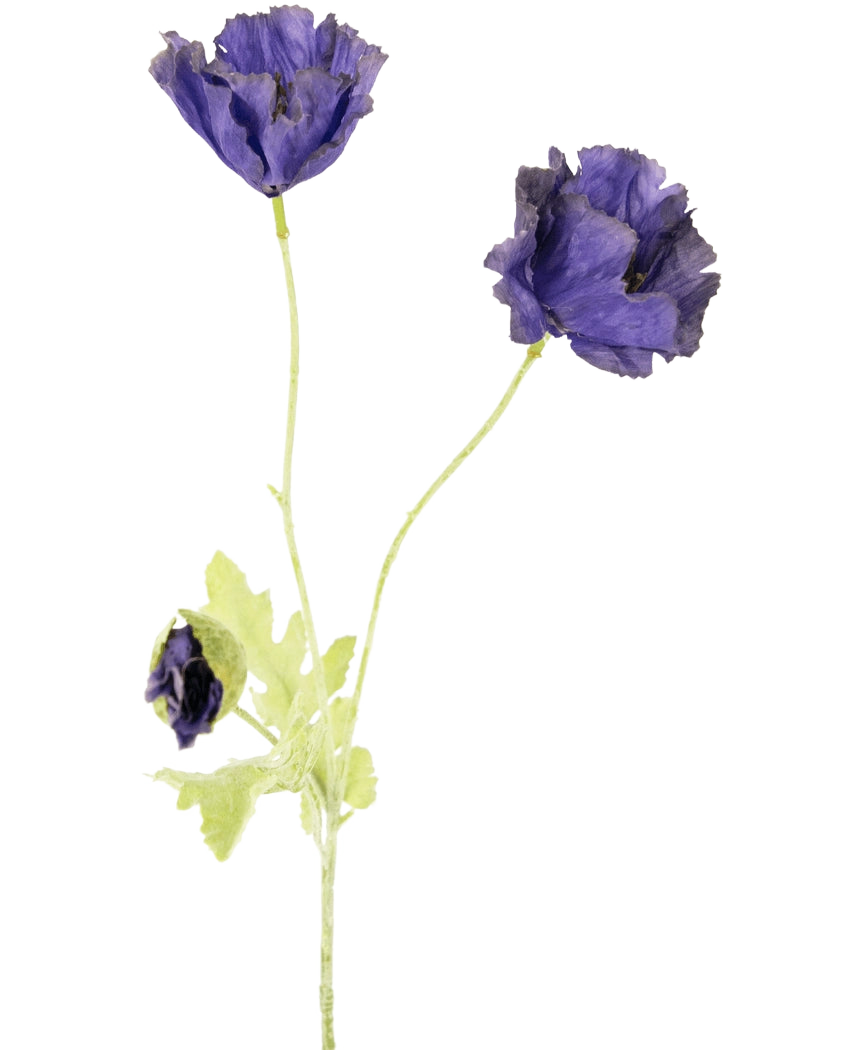 De Kunstbloem Papaver 73 cm heeft drie delicate paarse bloemen - twee open, een gedeeltelijk gesloten - met lichtgroene stengels en bladeren, tegen een effen witte achtergrond.