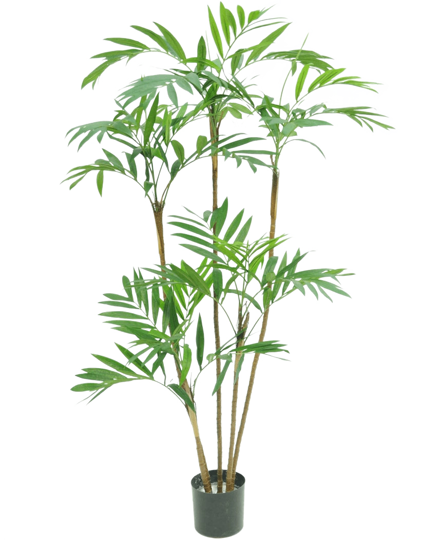 De Kunstplant Parlour Deluxe 120 cm is een hoge kamerpalm in pot met meerdere slanke bruine stengels en trossen lange, smalle groene bladeren, tegen een effen witte achtergrond.