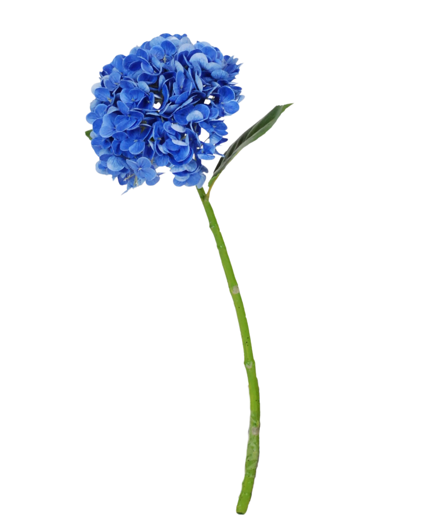 De Kunstbloem Charlotte Hortensia Real Touch donkerblauw is een enkele blauwe kunsthortensia met groene steel en bladeren, 55 cm hoog, geïsoleerd op een witte achtergrond.