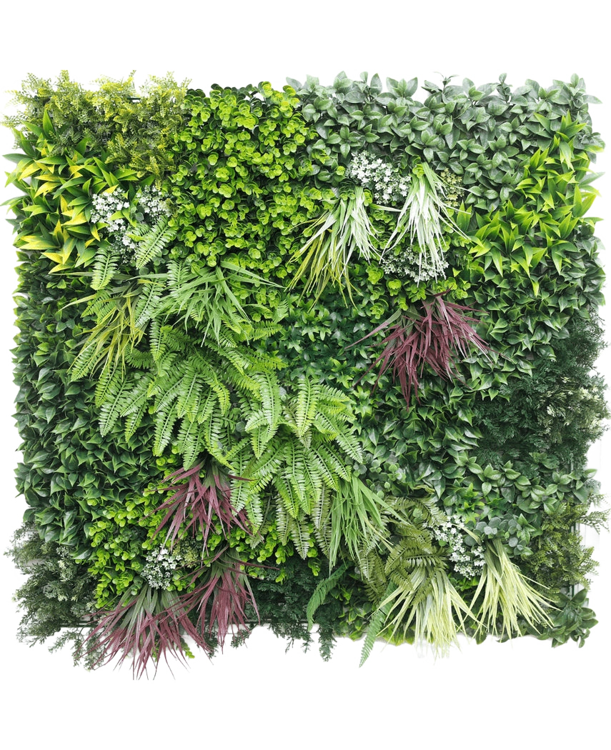 De Kunsthaag Paradise 100x100 cm UV is een verticale tuinmuur met dicht groen en paars gebladerte, waaronder varens en bladplanten, gerangschikt in een vierkant tegen een witte achtergrond.
