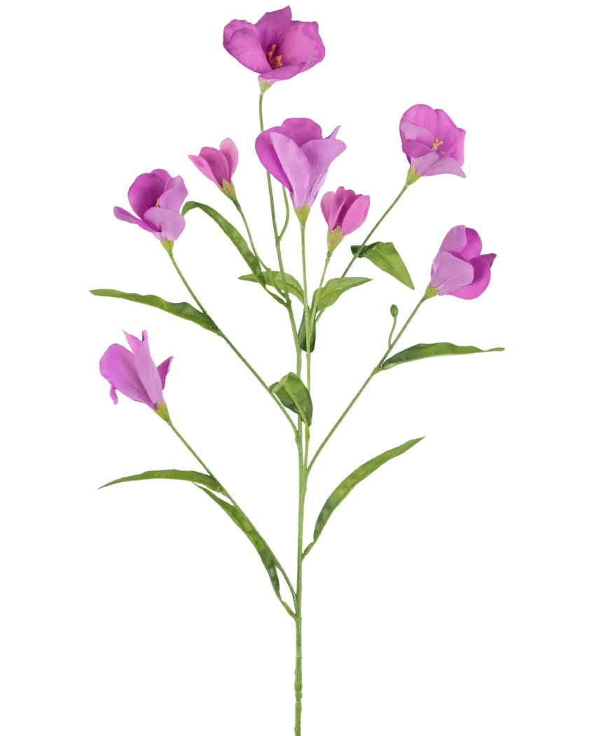 Een enkele tak van Kunst Rhododendron Azalea Real Touch Paars 80cm met meerdere takken toont delicate paarsroze bloemen en knoppen tegen een effen witte achtergrond.