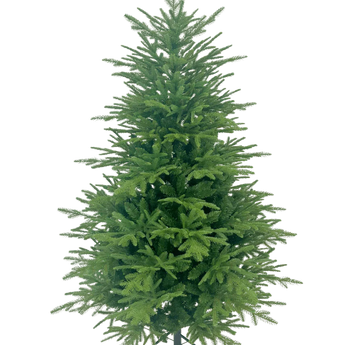 Een groene kunstkerstboom met dichte takken, staand op een metalen standaard tegen een witte achtergrond.