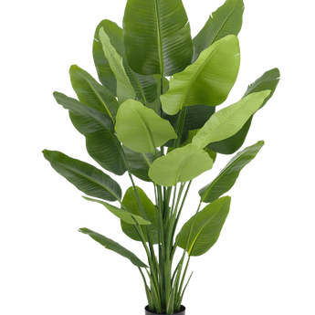 Een hoge, kunstmatige potplant met grote, glanzend groene bladeren op meerdere stelen, geplaatst in een eenvoudige zwarte pot tegen een witte achtergrond.