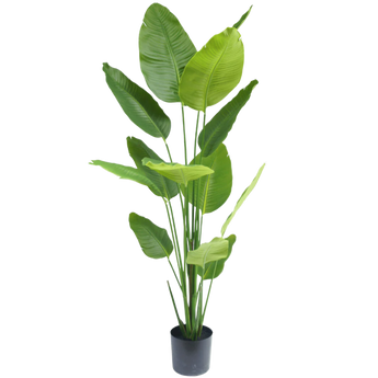 Grote kunstgroene plant met grote, brede bladeren op meerdere stelen, geplaatst in een eenvoudige zwarte pot tegen een effen witte achtergrond.