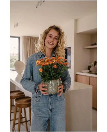 Een vrouw met krullend blond haar, gekleed in spijkerkleding, glimlacht terwijl ze de Kunstplant Daisy UV 31 cm – een pot met feloranje en gele bloemen – vasthoudt in een moderne keuken.