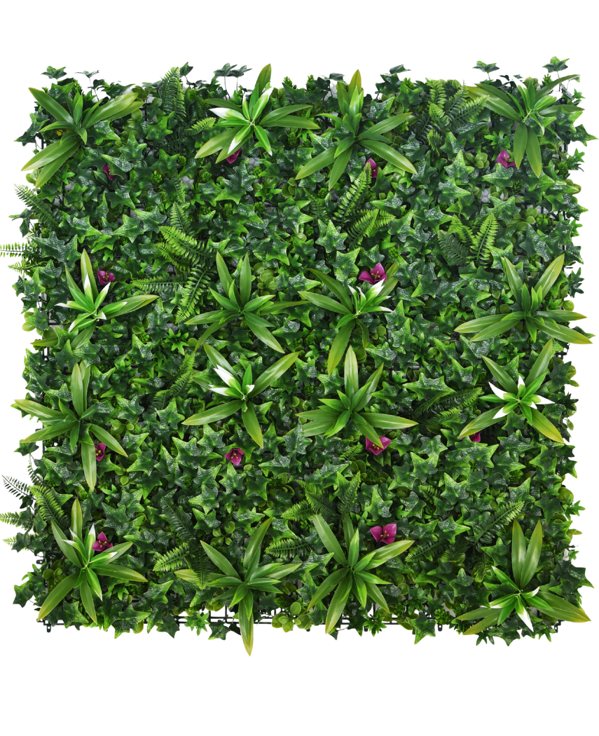 De Kunsthaag Olivine 100x100 cm UV is een dicht verticaal tuinpaneel met groene bladplanten met kleine paarse bloemen, perfect om levendig groen toe te voegen aan elke ruimte.