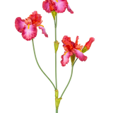 De Kunstbloem Iris 102 cm rood heeft een steel met drie levendige roze en rode bloemen met gele en witte accenten. De groene stelen en knoppen zijn zichtbaar tegen een effen witte achtergrond.