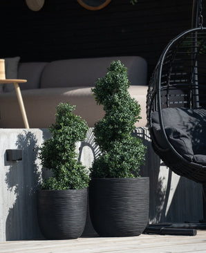 Twee Kunst Buxus Spiraal Romeinse stijl UV 90cm vormsnoeiplanten met spiraalvormige bladeren staan op een betonnen patio naast een zwarte hangstoel en een moderne buitenbank op de achtergrond.