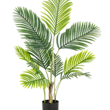 De Kunstplant Phoenix 120 cm heeft meerdere lange stelen met grote, groene, vederlichte bladeren, die de weelderige uitstraling van een tropische plant hebben tegen een effen witte achtergrond.