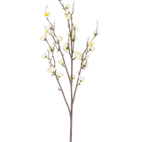 De Kunst Japanse Kersenbloesem 94 cm wit heeft een enkele bruine tak met meerdere dunne uitlopers en kleine witte kunstmatige kersenbloesems, tegen een effen witte achtergrond.