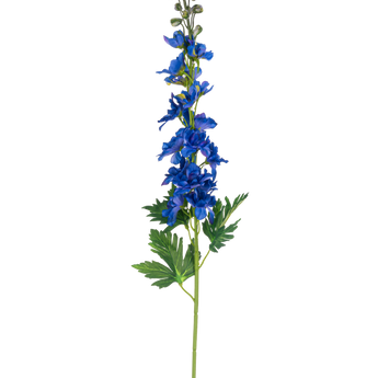 Een enkele stengel Kunstbloem Delphinium 79 cm blauw met blauwe bloemen en groen gedeeld blad, tegen een effen witte achtergrond.