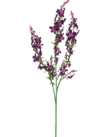 De Kunstbloem Catnip 75 cm roze is een enkele kunststengel met drie takken roze en paarse bloemen en groene bladeren, geïsoleerd afgebeeld op een witte achtergrond.