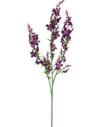 De Kunstbloem Catnip 75 cm roze is een enkele kunststengel met drie takken roze en paarse bloemen en groene bladeren, geïsoleerd afgebeeld op een witte achtergrond.