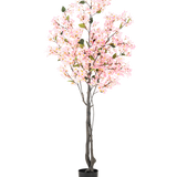 Kunstplant Bougainvillea 180 cm roze met meerdere takken vol kleine roze bloemen en groene bladeren in een eenvoudige zwarte pot, tegen een witte achtergrond.
