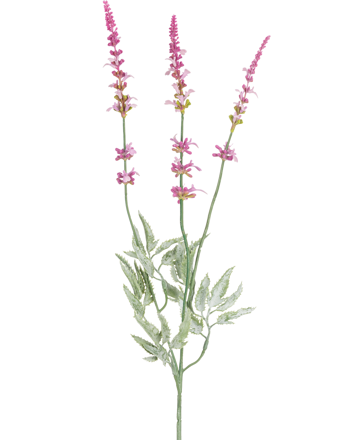 De Kunsttak Lavendel 66 cm paars heeft een enkele stengel met drie hoge, slanke aren van kleine paarse bloemen en meerdere groene, gekartelde bladeren tegen een witte achtergrond.