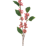 De Kunsttak Berries 64 cm roze heeft meerdere trossen kleine, ronde roze bessen met groen gekartelde bladeren op dunne bruine stelen, allemaal geïsoleerd tegen een witte achtergrond.
