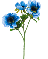 De Kunstbloem Anemone dubbel 56 cm blauw heeft een enkele groene steel met drie blauwe anemoonbloemen en verschillende groene bladeren, afgebeeld tegen een effen witte achtergrond.