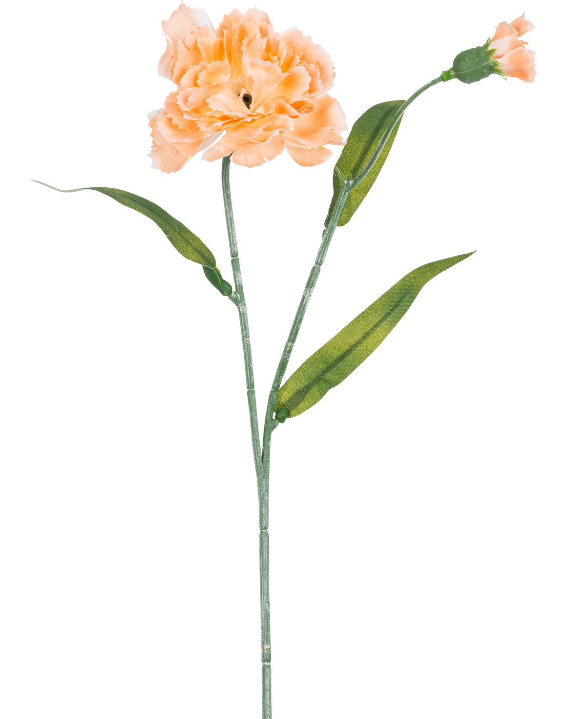 De Kunstbloem Anjer 40 cm perzik is een kunstanjer in licht perzik met groene bladeren en een kleine ongeopende knop, afgebeeld op een witte achtergrond.