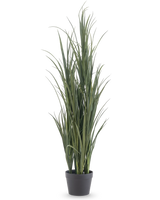 De Kunstgras Groen UV 120cm is een hoge kunstgrasplant met lange, slanke groene bladeren in een eenvoudige zwarte pot, tegen een effen witte achtergrond.