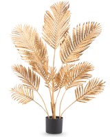 De Kunstpalm Areca goud 120 cm heeft metallic gouden palmbladeren in een zwarte pot, tegen een effen witte achtergrond.