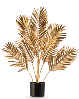 De Kunstpalm Areca goud 80 cm is een decoratieve potplant met metallic gouden palmbladeren in een zwarte pot, tegen een effen witte achtergrond.