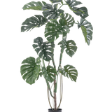 De Kunstplant Monstera 150 cm is een hoge kunstplant met grote gespleten groene bladeren in een eenvoudige zwarte pot, tegen een effen witte achtergrond.