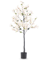 De Kunstplant Bougainvillea 150 cm wit is een hoge kunstboom met witte bloesemlichtjes en groene bladeren, in een zwarte cilindrische pot tegen een effen witte achtergrond.