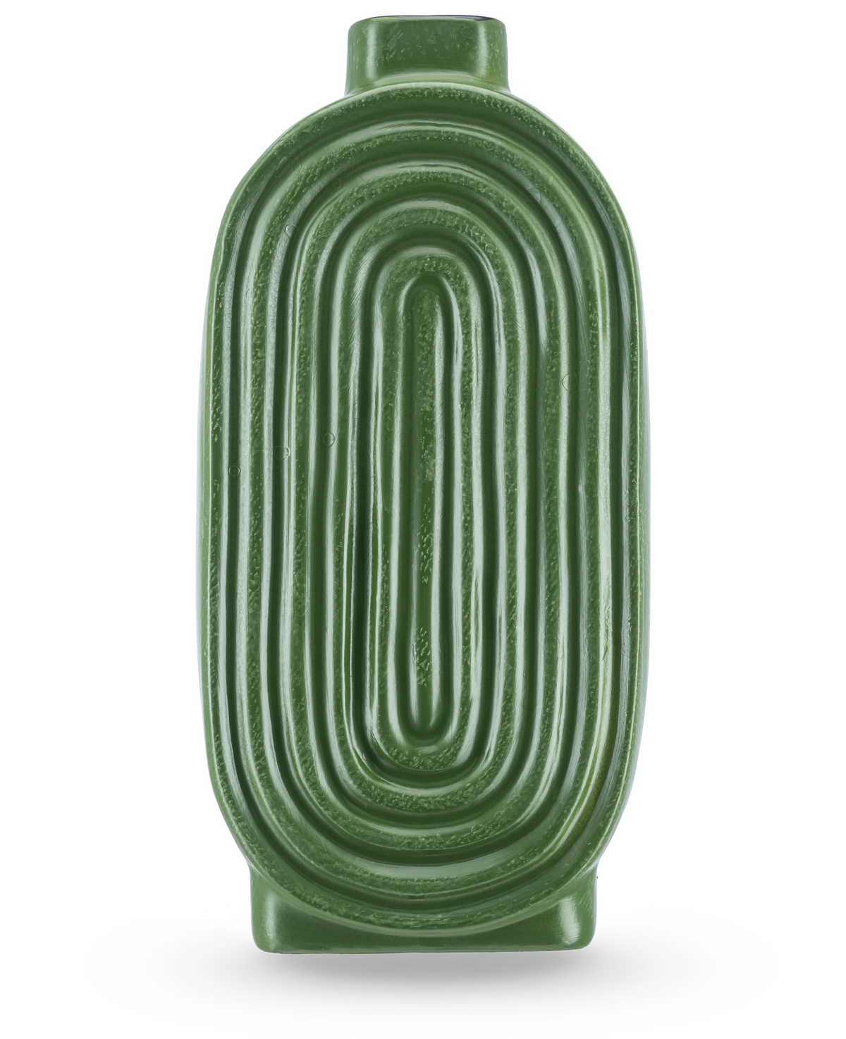 De Vaas Breaths 24 cm groen heeft een ovale, geribbelde vorm en een kleine opening bovenaan, ideaal als keramieken vaas voor kunstbloemen. Staat rechtop op een lichte achtergrond.