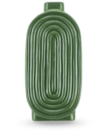 De Vaas Breaths 24 cm groen heeft een ovale, geribbelde vorm en een kleine opening bovenaan, ideaal als keramieken vaas voor kunstbloemen. Staat rechtop op een lichte achtergrond.