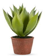 De Kunstplant Agave 25 cm heeft dikke, puntige groene bladeren in een roodbruine pot met textuur, tegen een effen witte achtergrond.