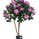 De Kunstplant Rhododendron 90 cm heeft twee slanke bruine stelen, groene bladeren en talloze felroze bloemen in volle bloei tegen een effen witte achtergrond.