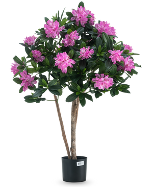 De Kunstplant Rhododendron 90 cm is een potplant met twee houtachtige stelen, groene bladeren en levendige roze bloemtrossen in een eenvoudige zwarte pot.