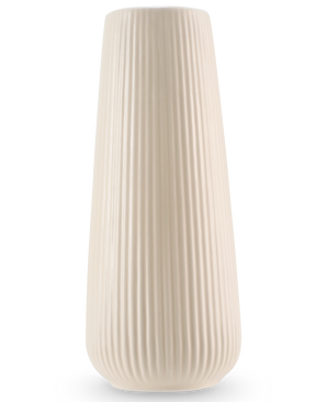 De Vaas Dust 20 cm beige is een hoge, gebroken witte keramieken vaas met een gladde matte afwerking en verticale ribbels. Het moderne, licht taps toelopende ontwerp maakt het perfect als vaas voor kunstbloemen.