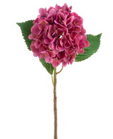 Een purperrode Kunstbloem Hortensia Real Touch bloem met groen blad, 58 cm hoog.