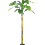 De Kunstplant Bananenboom 250 cm is een hoge kunstbananenboom met brede groene bladeren en een gestructureerde stam, weergegeven in een kleine zwarte pot op een effen witte achtergrond.