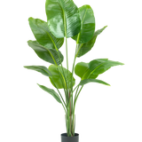 De Kunstplant Strelitzia 150 cm real touch2 heeft grote, glanzende groene bladeren met een realistische „paradijsvogel“-uitstraling en een realistische afwerking, gepresenteerd tegen een effen witte achtergrond.