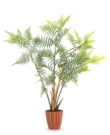 De Kunst Varen Deluxe 117 cm is een hoge kunstvaren met meerdere groene bladeren en slanke stengels, die staat in een bruine geribbelde pot tegen een effen witte achtergrond.