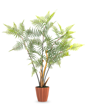 De Kunst Varen Deluxe 117 cm is een hoge kunstvaren met meerdere groene bladeren en slanke stengels, die staat in een bruine geribbelde pot tegen een effen witte achtergrond.