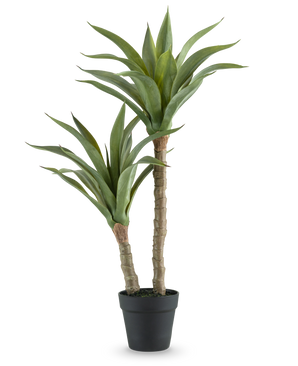 De Kunstplant Agave 76 cm heeft twee lange, dikke stelen met lange, puntige groene bladeren in een zwarte pot, tegen een effen witte achtergrond.