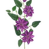 De Kunstbloem Clematis groot 81 cm paars heeft drie grote paarse bloemen, groene bladeren, krullende ranken en een gesloten knop op een enkele steel tegen een witte achtergrond.