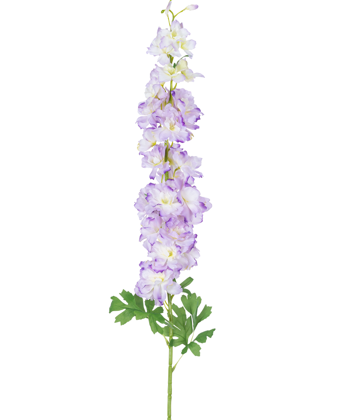 De Kunstbloem Delphinium 105 cm paars heeft een enkele lange steel van lichtpaarse kunstbloemen met groene bladeren, afgebeeld tegen een effen witte achtergrond.