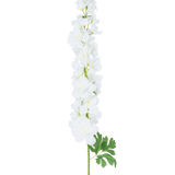 Kunstbloem Delphinium 105 cm wit: een enkele lange steel met meerdere witte bloemen en groene bladeren, gepresenteerd tegen een effen witte achtergrond.