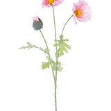 De Kunstbloem Papaver 73 cm lichtroze heeft een enkele steel met twee open lichtroze papaverbloemen, een gesloten knop, ruches in de bloemblaadjes, gele hartjes en groene bladeren op een witte achtergrond.