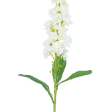 De Kunstbloem Violier 78 cm wit heeft een lange steel met witte bloemen in trossen aan de bovenkant en lange groene bladeren, tegen een effen witte achtergrond.