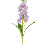 Een enkele Kunstbloem Violier 78 cm in lichtpaars en wit met groene bladeren, tegen een witte achtergrond.