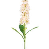 Een enkele Kunstbloem Violier 78 cm crème heeft meerdere licht crème bloesems en groene bladeren tegen een effen witte achtergrond.