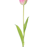 Een enkele Kunstbloem Franse Tulp 63 cm roze met een lange groene steel en twee groene bladeren, geïsoleerd op een witte achtergrond.