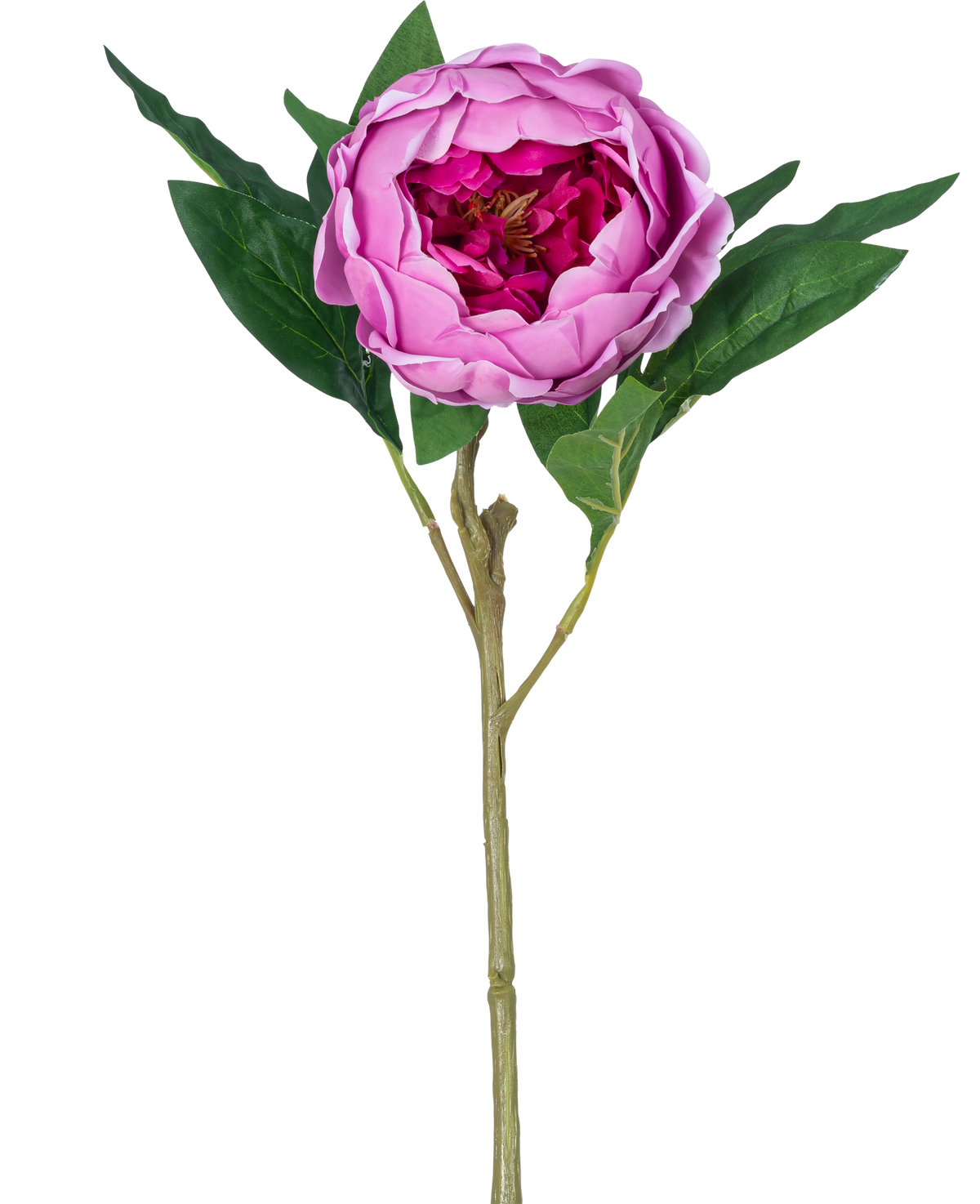 De Kunstbloem Lotus pioenroos Real Touch in paars, 58 cm lang, heeft gelaagde bloembladen, groene bladeren en een lange steel. Afgebeeld tegen een effen witte achtergrond.