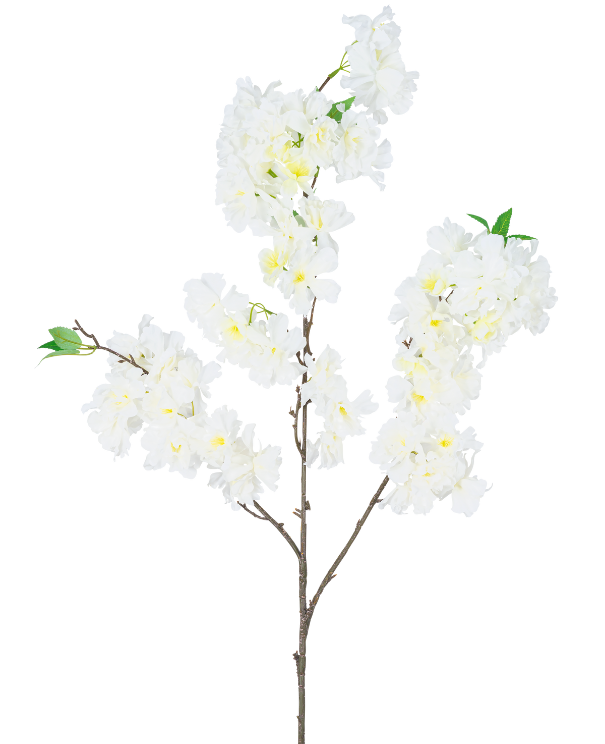 De Kunst Kersenbloesem 106 cm wit heeft een enkele bruine tak met trosjes witte kunstkersenbloesembloemen en kleine groene blaadjes, tegen een effen witte achtergrond.