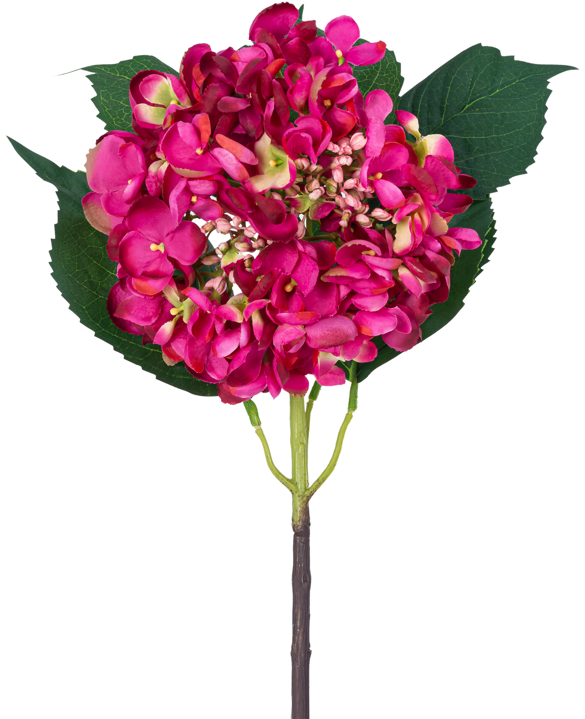 Een enkele Kunstbloem Garden Hortensia 61 cm roze roze hortensiabloesem en drie grote groene bladeren tegen een witte achtergrond.